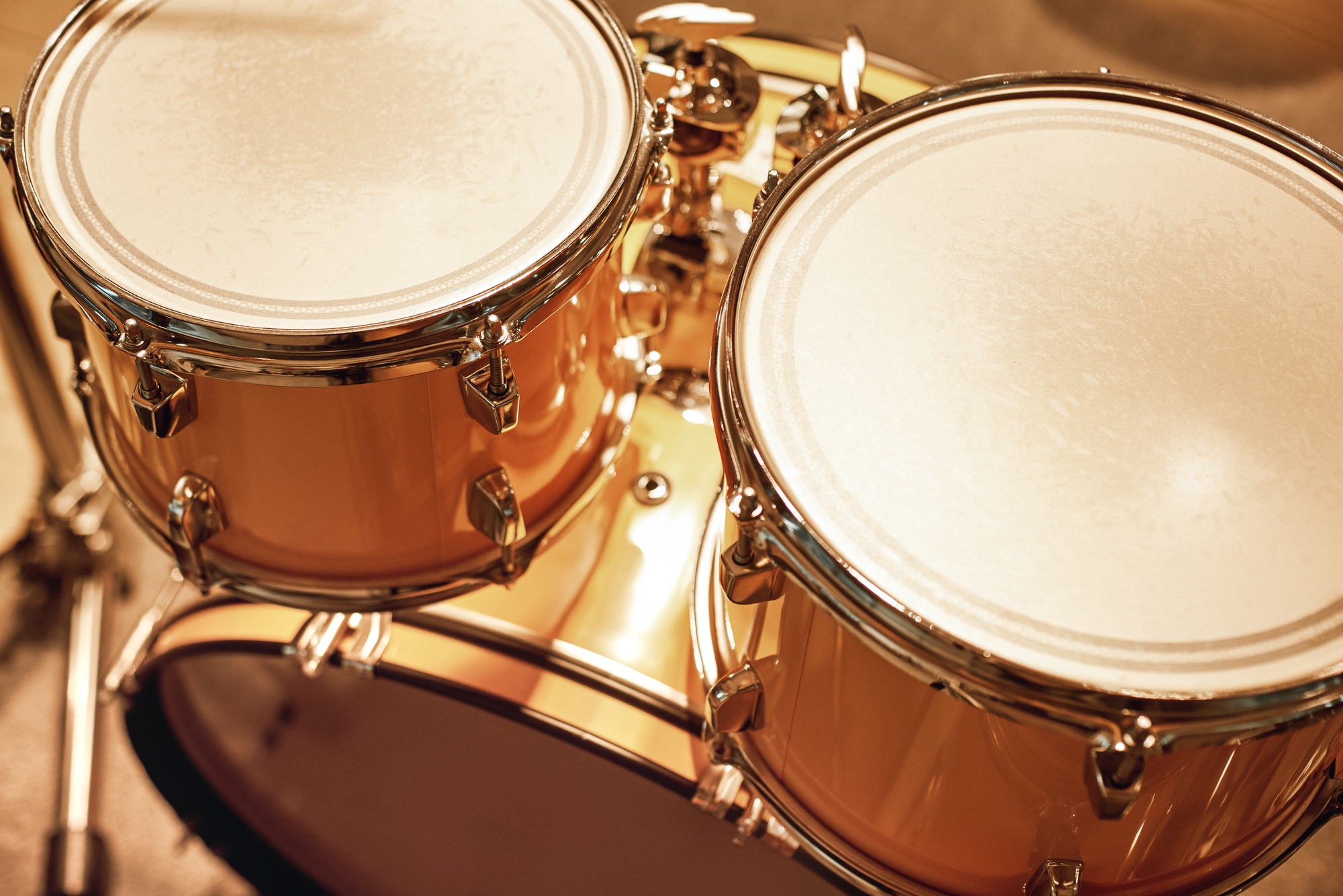 Playing live music. Close up view of professional drum set in music studio. Music concept